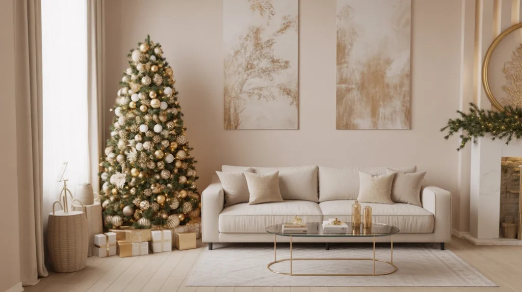 Neutral Christmas living room decor with beige tones and gold accents for elegant festive style