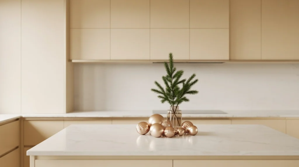 neutral color christmas kitchen with cream cabinetry and champagne decor for a refined festive look