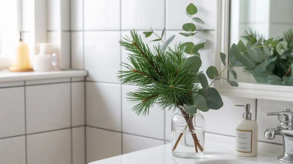 Fresh pine and eucalyptus greenery adding a natural Nordic Christmas touch to the bathroom.