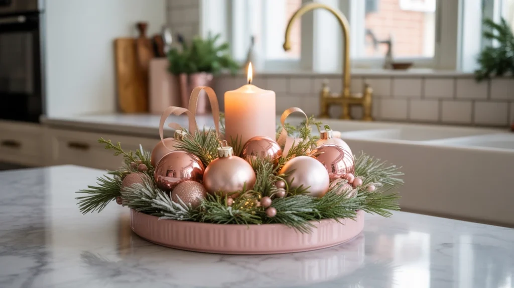 Pink Christmas tray display with ornaments, candle, and frosted greenery for soft glam decor