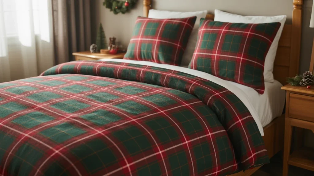 Plaid bedding in navy and red tones bringing a cozy and classic holiday touch to boys’ bedroom decor