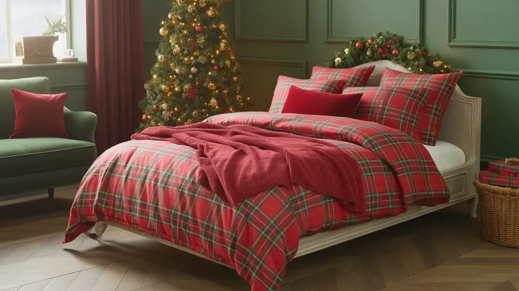 Plaid and tartan bedding in warm red and green tones for a cozy traditional Christmas bedroom style