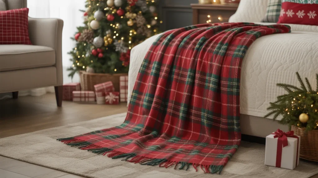 Red and green plaid throw blanket adding warmth to a Christmas bedroom