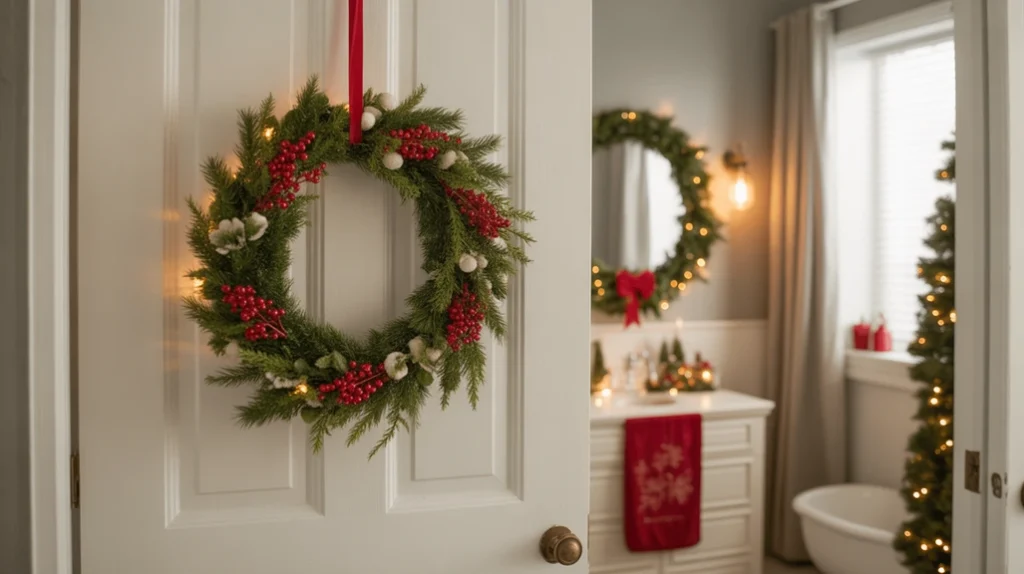 classic christmas wreath with red berries and pine branches on bathroom door