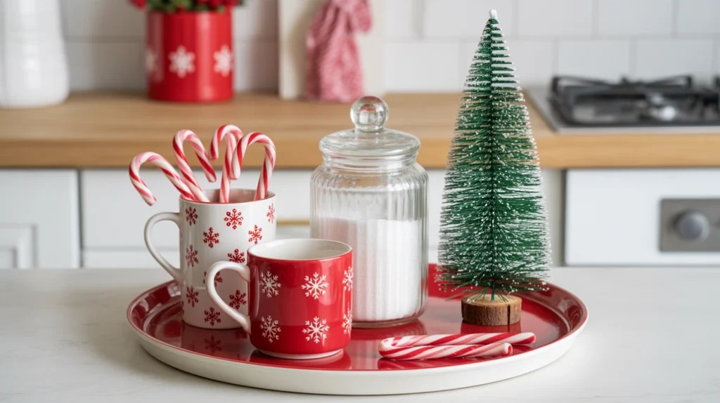 christmas tray decorated with red and white holiday mugs, candy canes, and cheerful festive accents