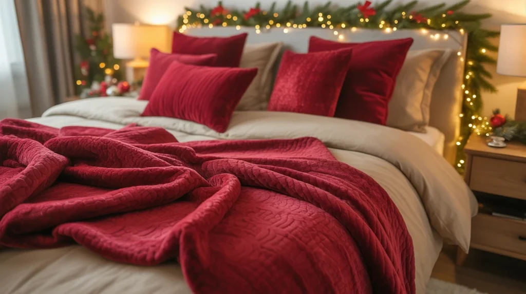 red throw blankets and velvet cushions styled in cozy christmas bedroom decor for warm holiday feel