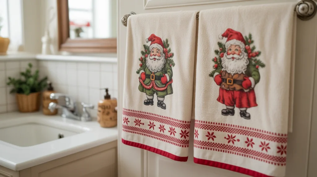 retro christmas towels with old-fashioned prints hanging in a cozy bathroom