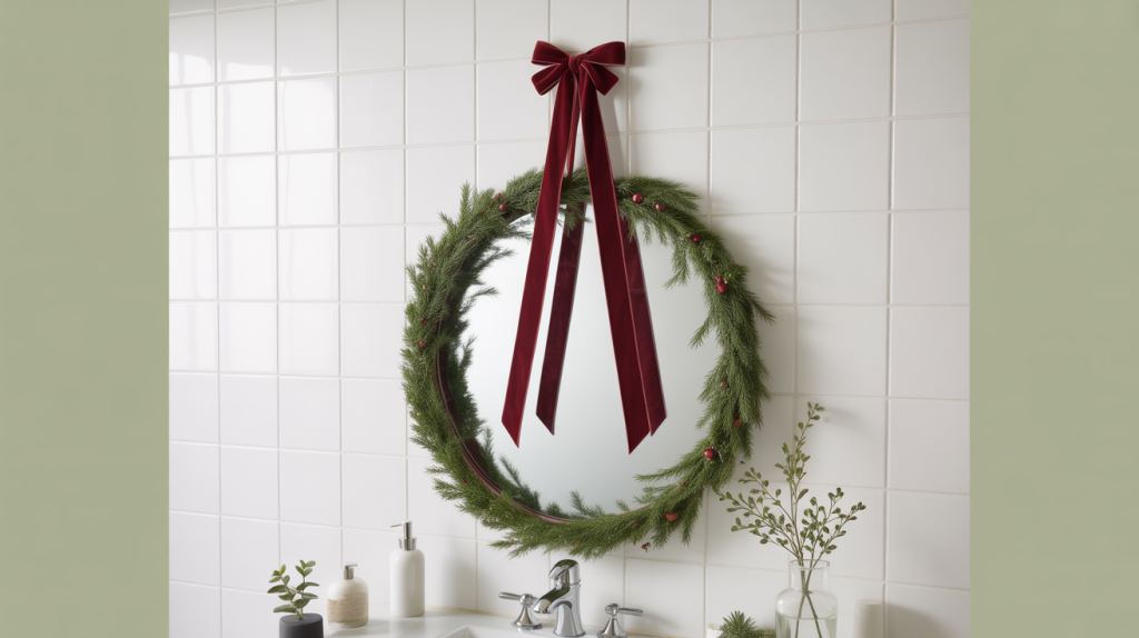 bathroom mirror decorated with velvet Christmas ribbon in a clean, modern holiday style