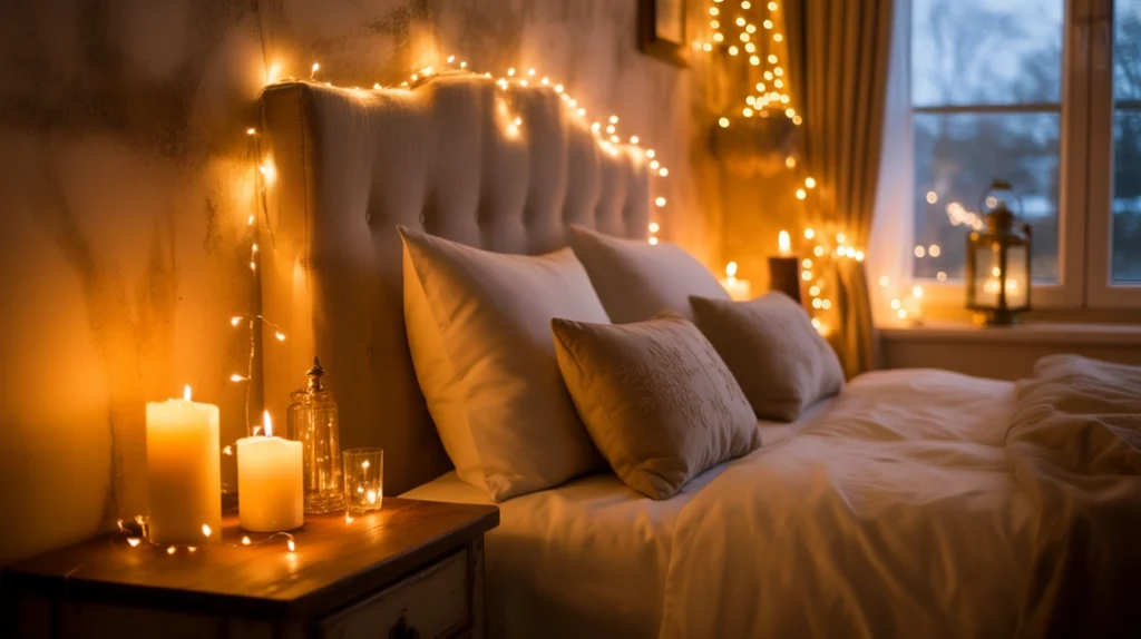 Warm fairy lights and candles creating a romantic holiday bedroom atmosphere