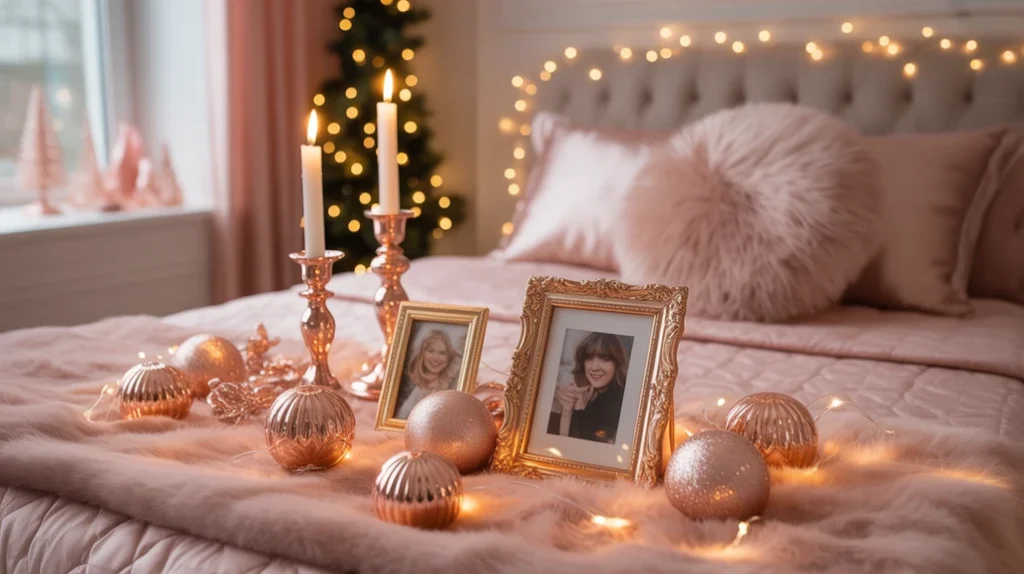 rose gold accents and ornaments styled in a blush bedroom creating a glamorous pink holiday decor look