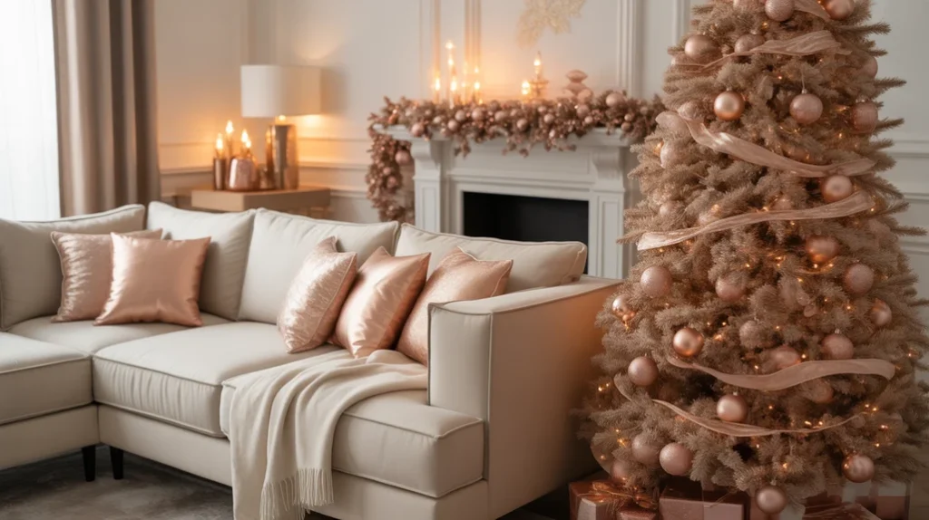 Neutral and rose gold Christmas living room decor with beige sofa, gold cushions, and soft holiday lighting.