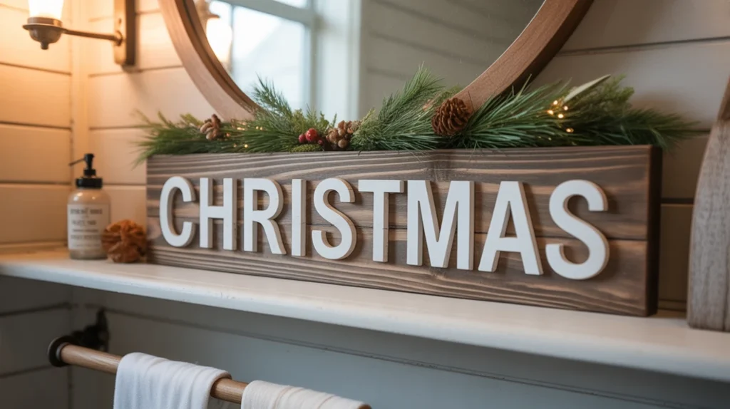 rustic wooden christmas sign bringing warm country style to farmhouse bathroom