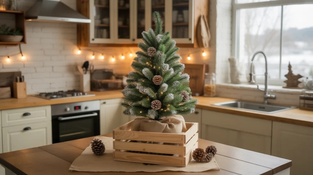 small christmas tree in rustic wooden crate with pinecones and burlap for farmhouse kitchen decor