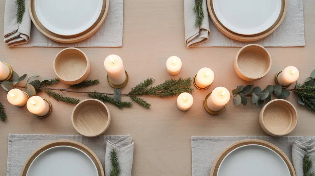 Minimalist Scandinavian Christmas dining table with simple linens and soft candlelight