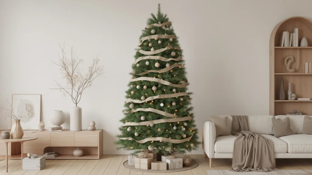 Slim modern minimalist Christmas living room featuring a Scandinavian-style Christmas tree with simple ornaments and natural wood tones.”