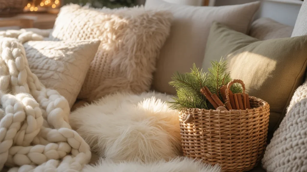 Layered knit blankets and boucle pillows creating a cozy Christmas living room atmosphere
