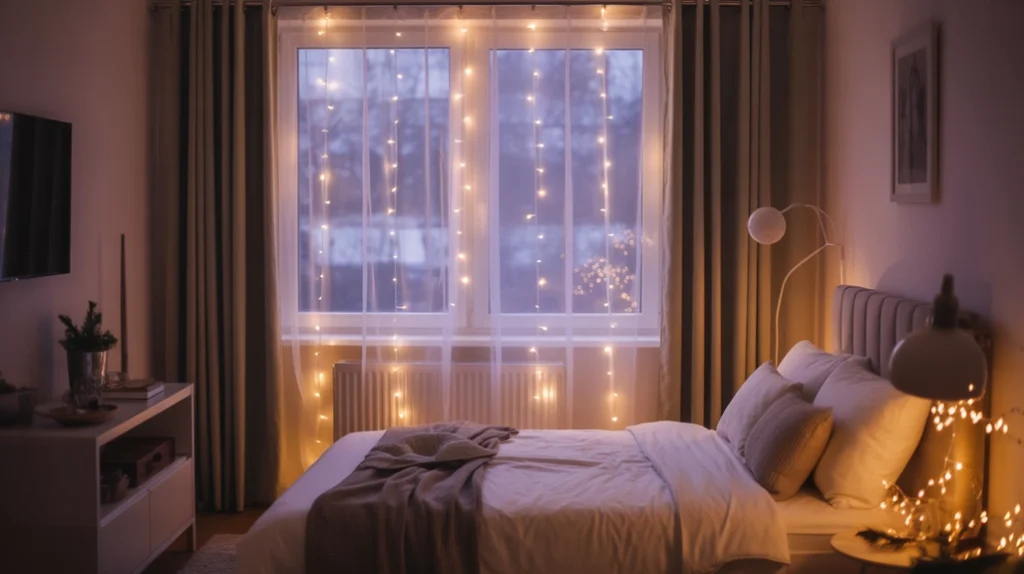 String lights glowing behind sheer curtains adding soft magical light to small Christmas bedroom.