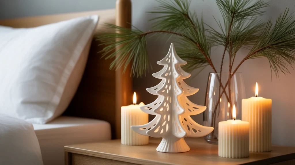 Simple pine branch, white ceramic tree, and candles used as subtle minimalist Christmas accents