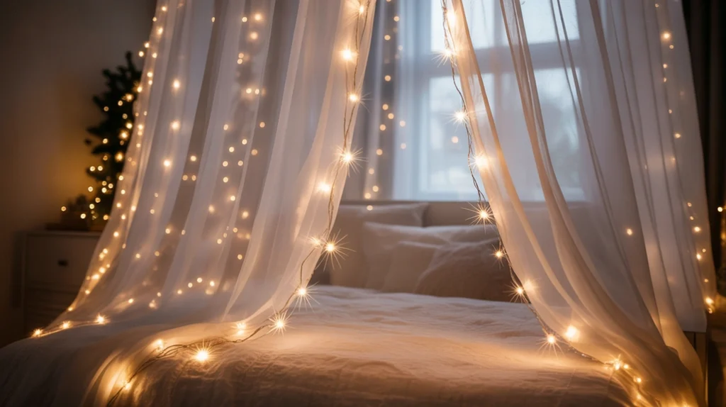 Twinkle lights on curtains adding starry holiday glow in cozy Christmas bedroom