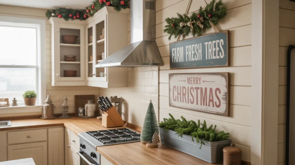 vintage distressed christmas signs in a rustic farmhouse kitchen with greenery