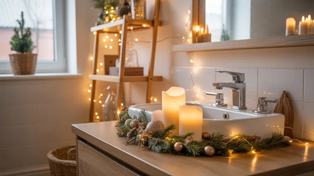 warm boho christmas bathroom lighting with fairy lights and candles creating a soft festive glow