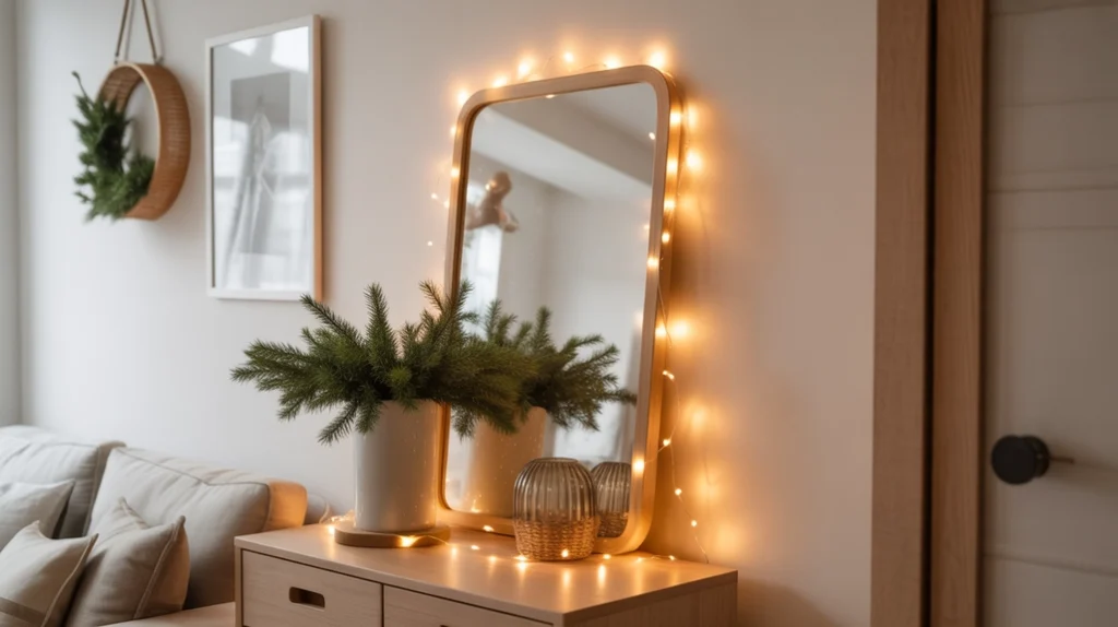 “Warm fairy lights adding soft Nordic glow to a Scandinavian Christmas entryway”