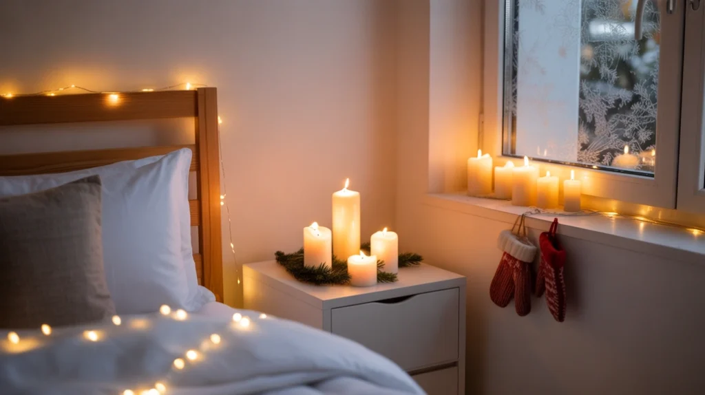 Hygge lighting with candles and fairy lights creating warm cozy glow in Scandinavian Christmas bedroom