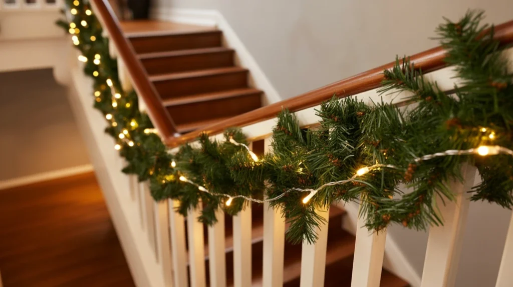 “Warm string lights woven into Christmas staircase garland for a soft holiday glow”