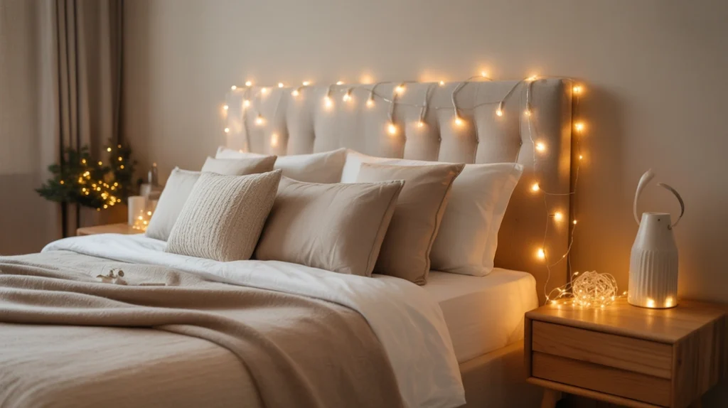 warm white fairy lights glowing softly in a minimalist beige Christmas bedroom
