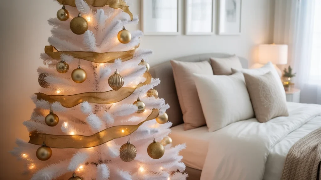 White Christmas tree with gold ornaments and ribbons creating an elegant holiday bedroom accent.