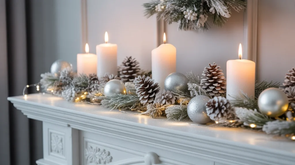 Rustic farmhouse Christmas fireplace decor with lanterns and candles