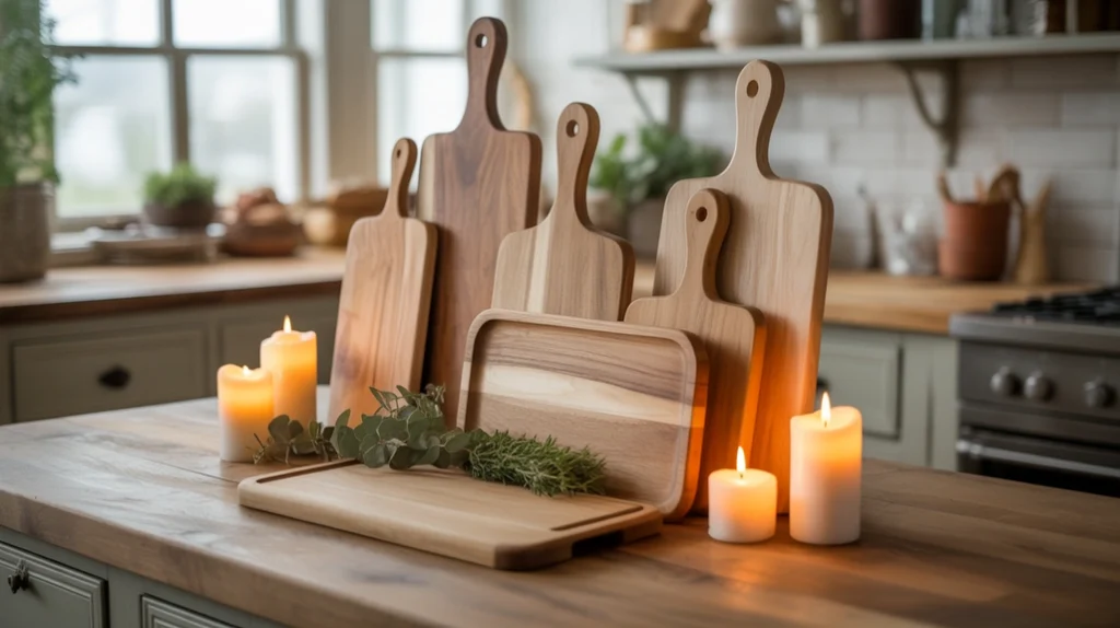 wooden cutting boards and trays styled with candles and greenery for rustic christmas kitchen decor