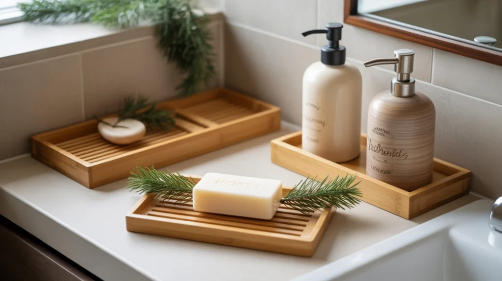 Wooden bathroom accessories adding warm rustic tones to natural Christmas bathroom styling.