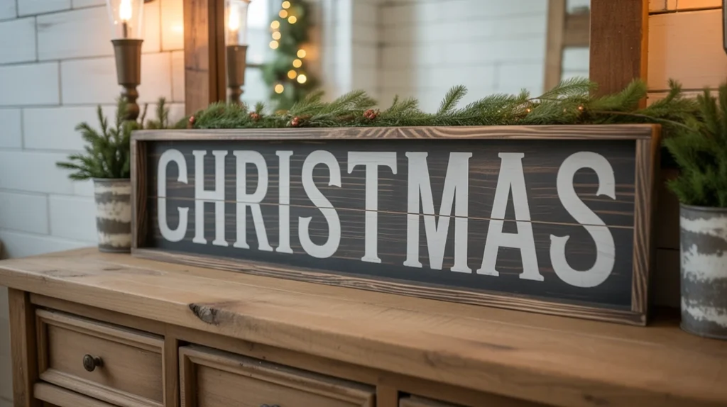 wooden christmas sign bringing rustic farmhouse charm to a holiday bathroom