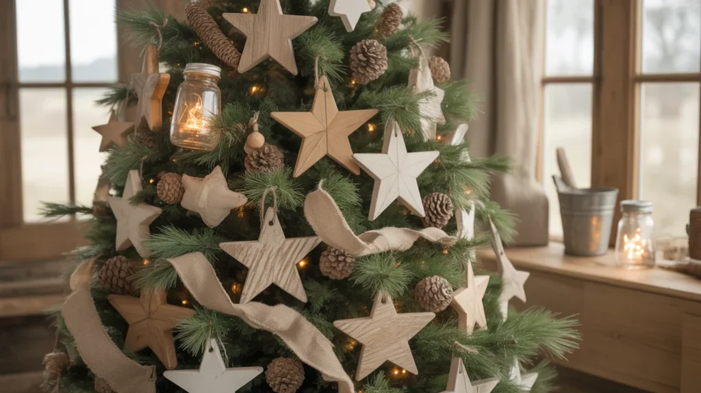 Farmhouse Christmas Tree Decorating Ideas using handmade wooden ornaments and pinecone accents.