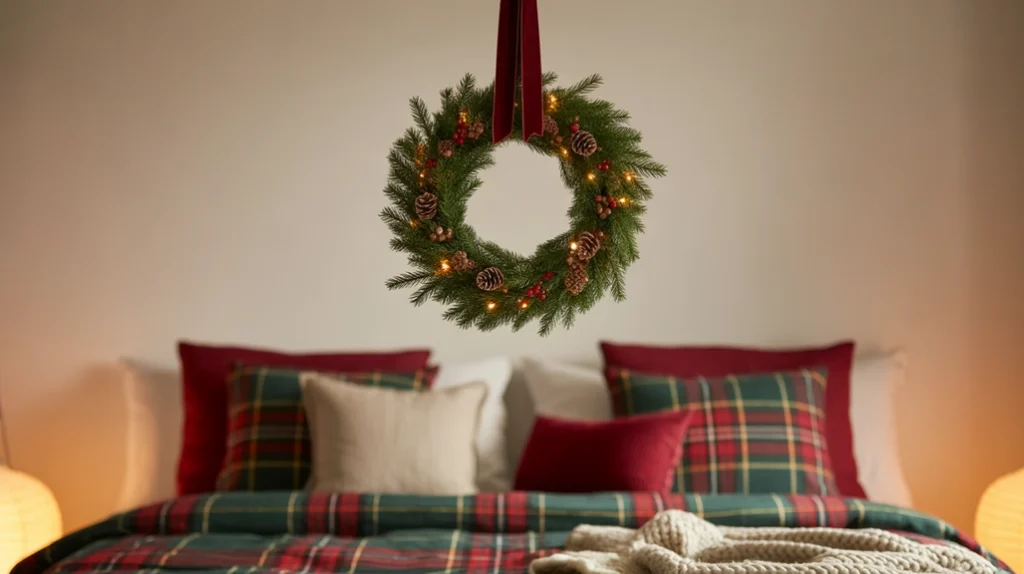 Garland draped across headboard highlighting Christmas bedroom garland and wreath ideas