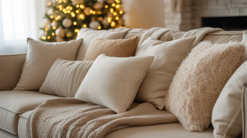 Scandinavian-inspired holiday living room with natural greenery and pine wreaths