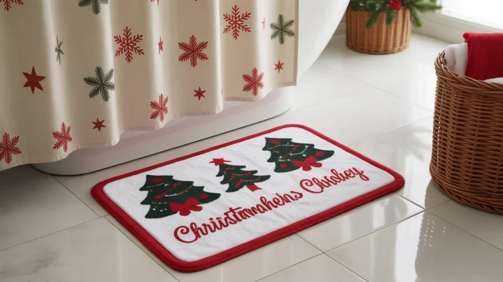 Holiday bath mat coordinated with a Christmas shower curtain for a cozy seasonal bathroom look.
