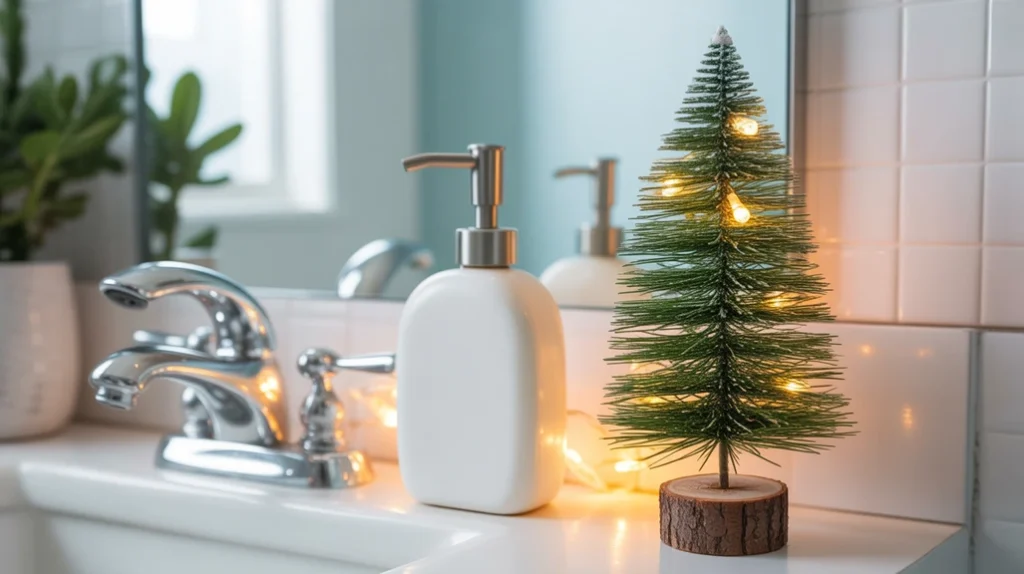 Mini Christmas countertop tree adding a cute and budget-friendly holiday touch to the bathroom vanity.