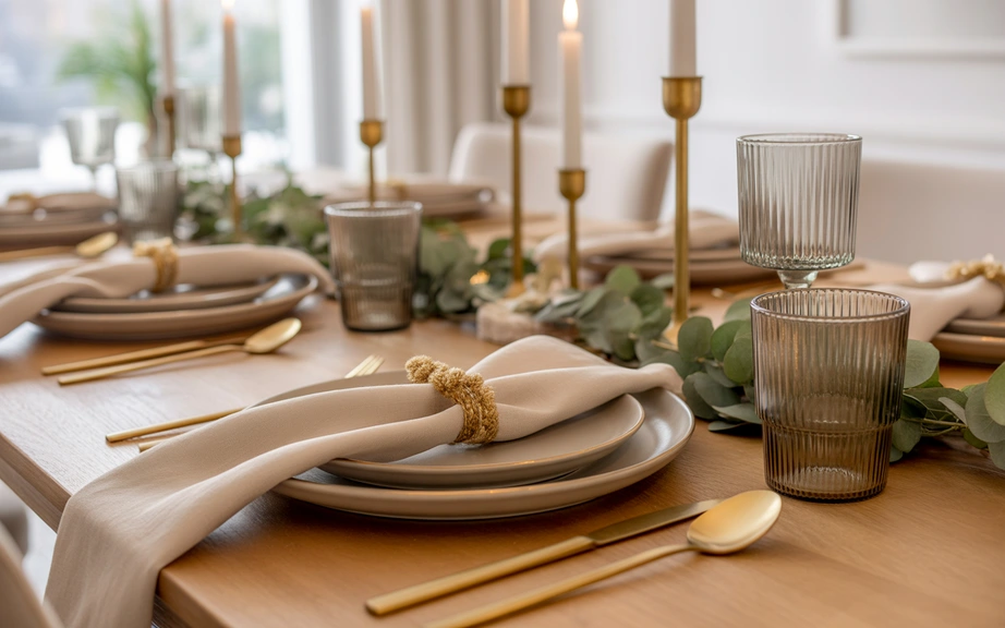 2. Modern Gold and Neutral Dining Room Christmas Decor