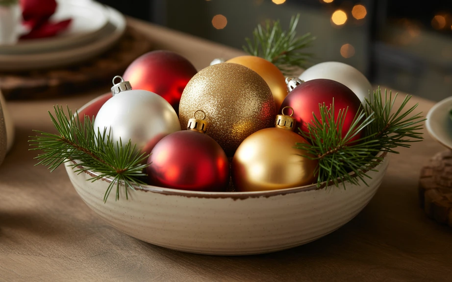 Ornamental Bowl Centerpiece with Shiny Accents