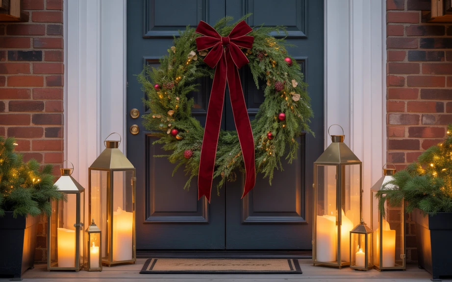 Oversized Velvet Bow Wreath with Tall Lanterns