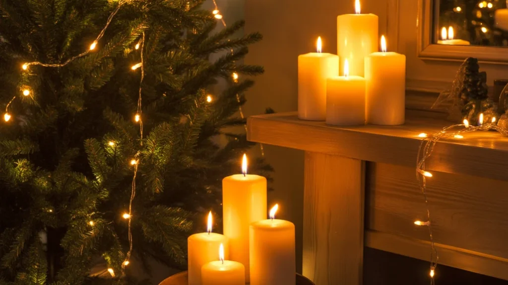Layered candles and string lights creating romantic Christmas night lighting