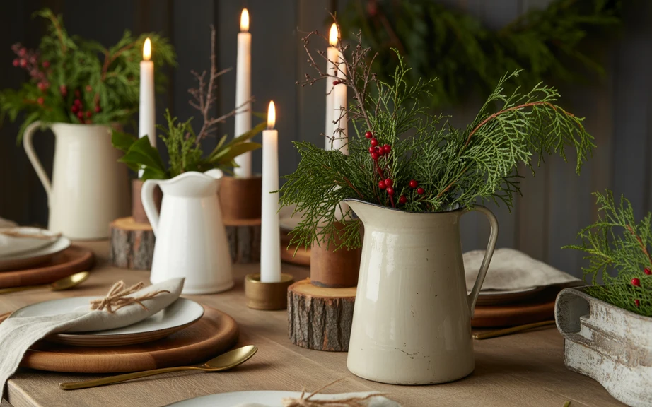 Christmas Table with Farmhouse Crocks and Stoneware Pitchers