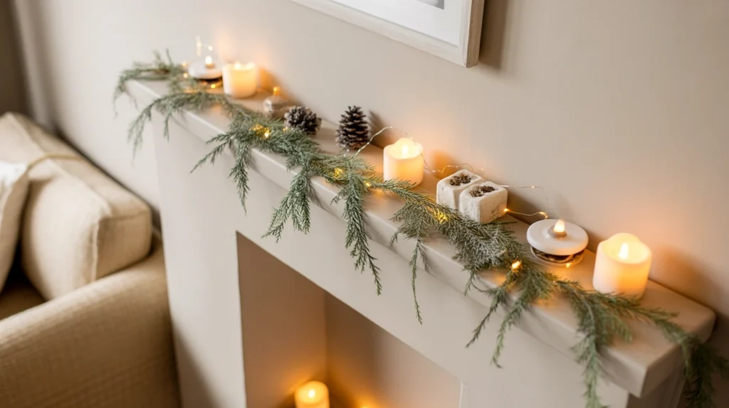 DIY Christmas mantel ideas for small spaces with mini garlands, LED candles, and simple festive styling