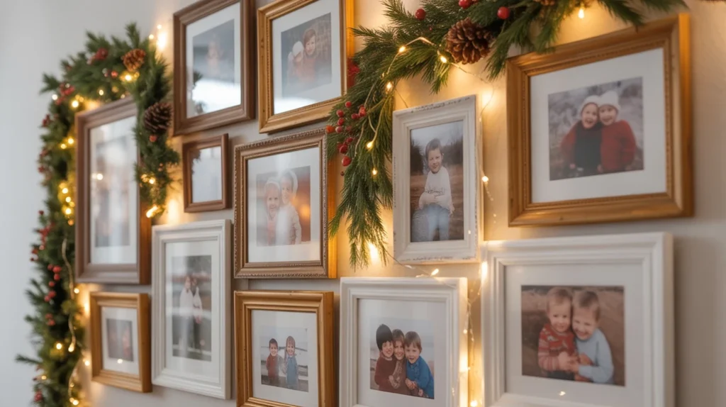 Family photo wall with fairy lights and garland adding warmth to the Christmas Night Living Room Aesthetic