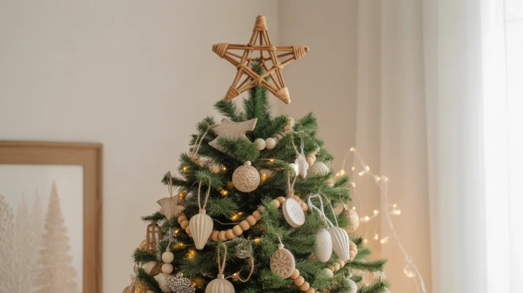 Rustic Christmas tree with floral accents, greenery, and farmhouse textures