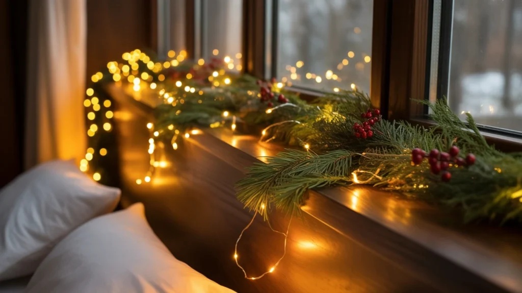 Accent lighting illuminating garlands and greenery in soft festive bedroom ambiance