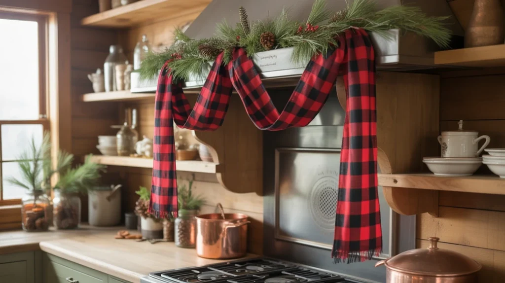 Buffalo plaid garland hanging on kitchen shelves with greenery for a festive farmhouse look