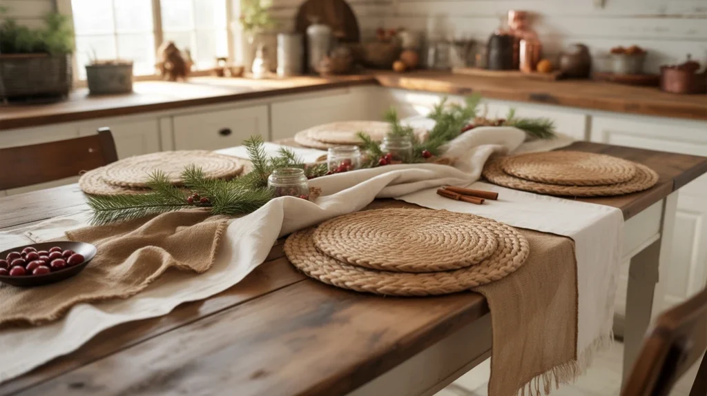 burlap runners and linen fabrics adding texture to farmhouse christmas kitchen decor